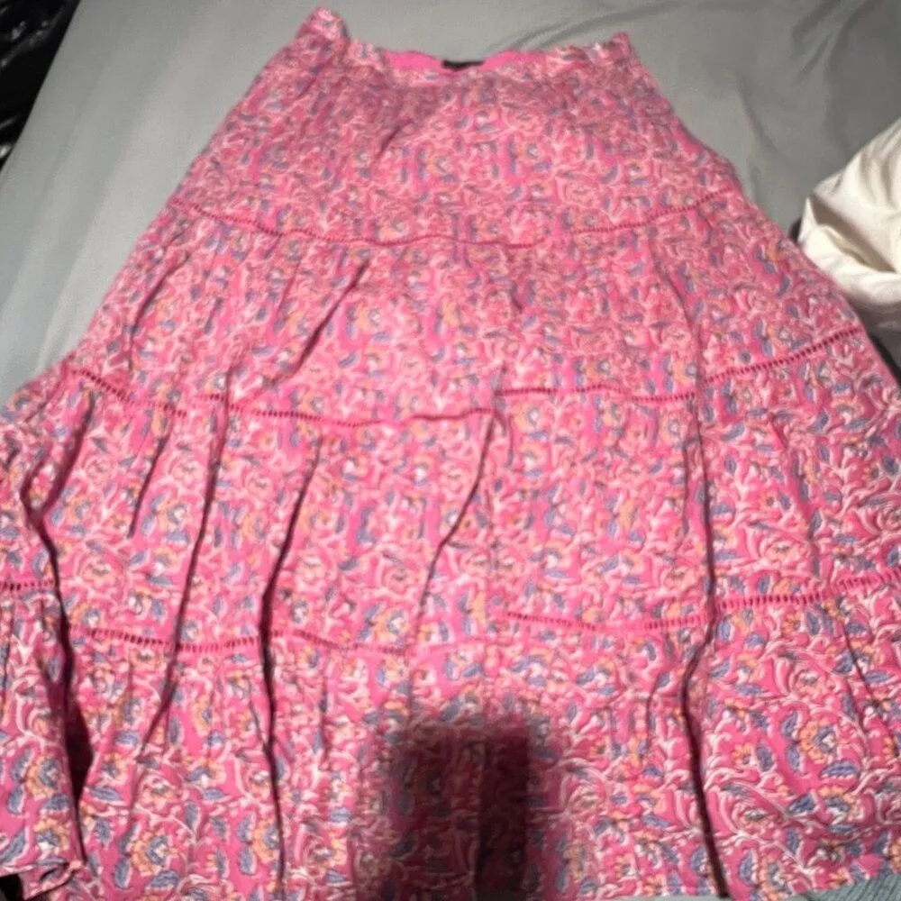 J. Crew pink floral block print tiered full lined cotton midi skirt size XS - Image 9