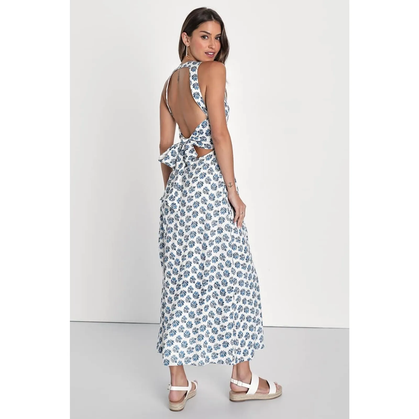 NWT Lulus Flirty Fave Ivory Floral Print Tie-Back Midi Dress Bohemian Summer L - Image 3