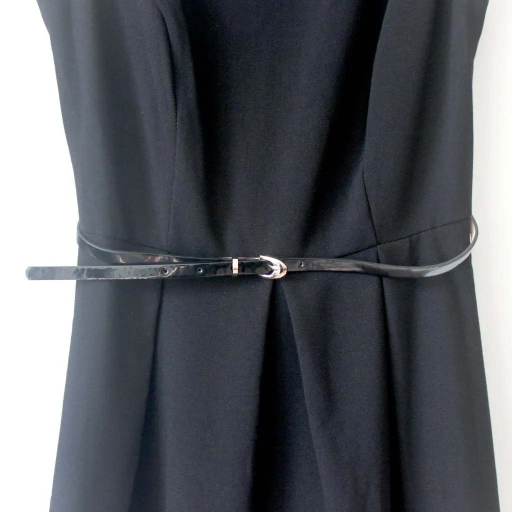 AB Studio Black and Tan Stripe Classy Sleeveless Knee-Length A-Line Belt Dress 2 - Image 2