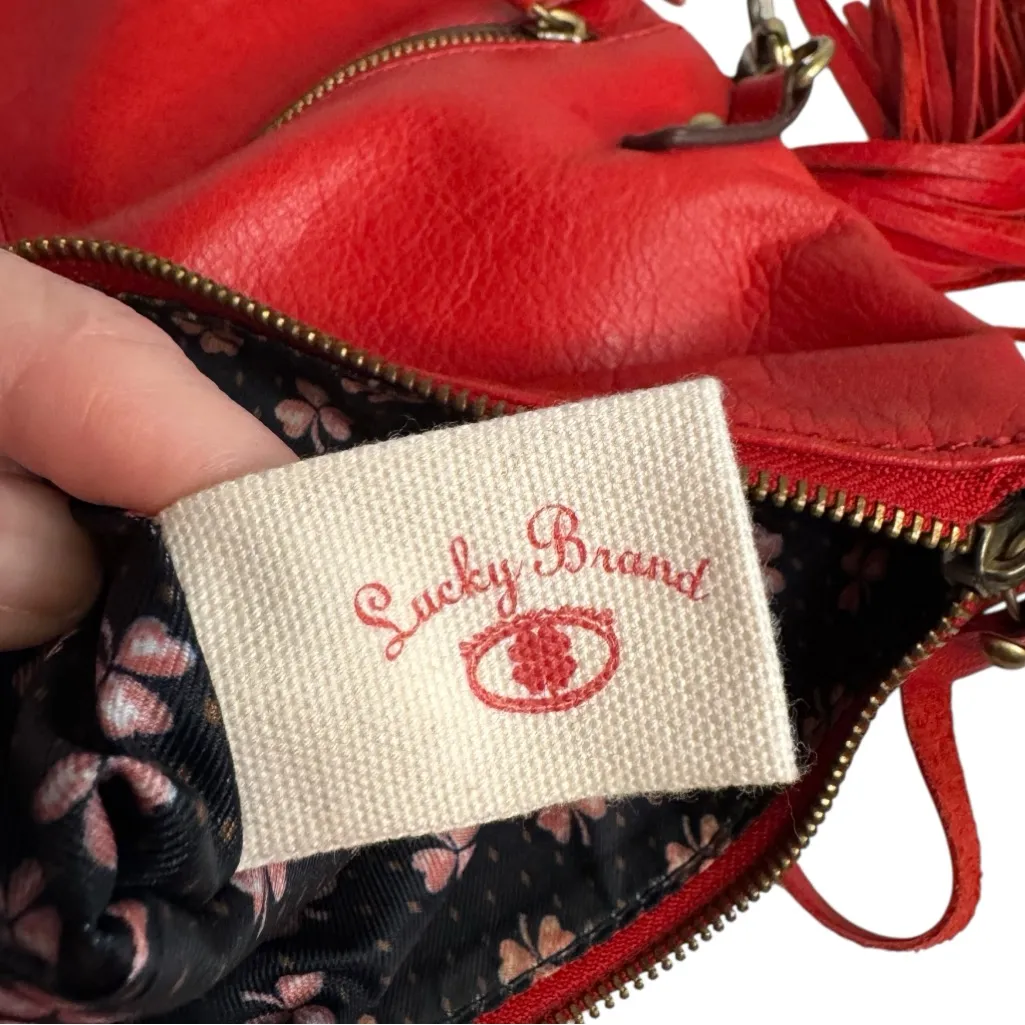 LUCKY BRAND RED LEATHER CROSSBODY TASSELS REMOVABLE STRAP HANDBAG - Image 8