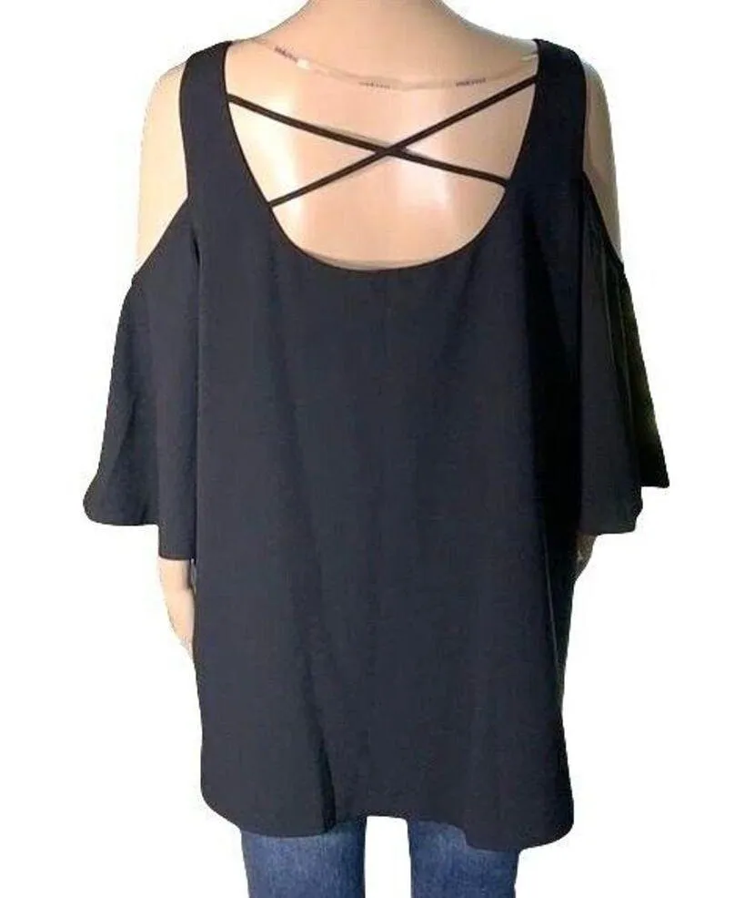Nygard Womens Blouse Top Cold Shoulder Crisscrossed Back Black Pullover Medium - Image 4