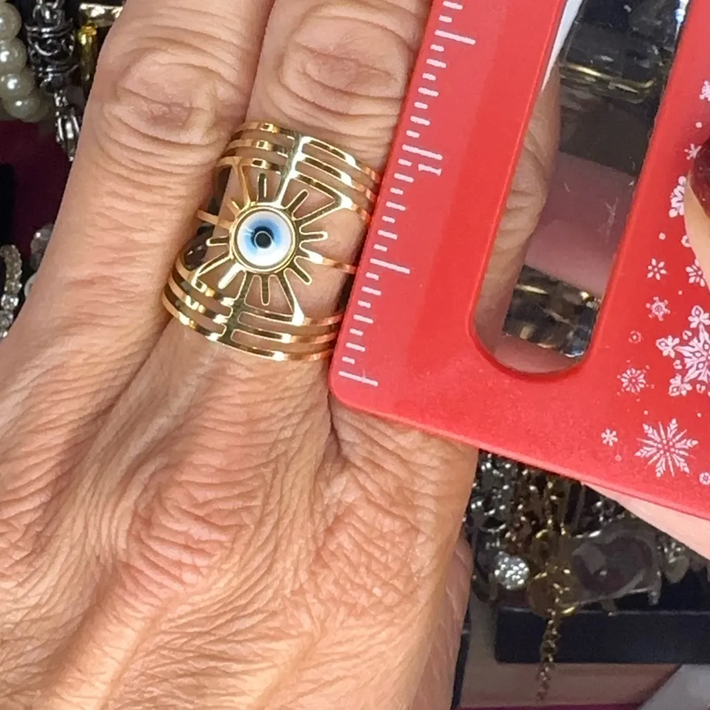 Gold Tone Statement Evil Eye Ring Sunburst Design Adjustable Boho - Image 3