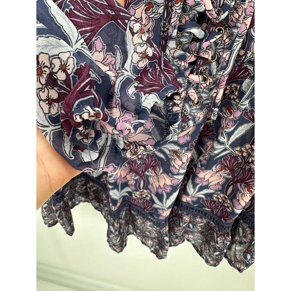 Taylor & Sage Purple Floral Long Sleeve Blouse Cut Out Front Tie Detail Women M - Image 8