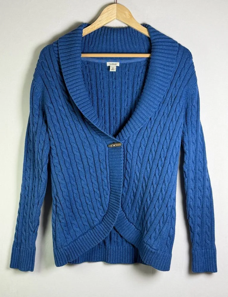 L.L.Bean Women’s Y2K Era Cable Knit Shawl Collar Cardigan Sweater Blue Sz Medium - Image 1