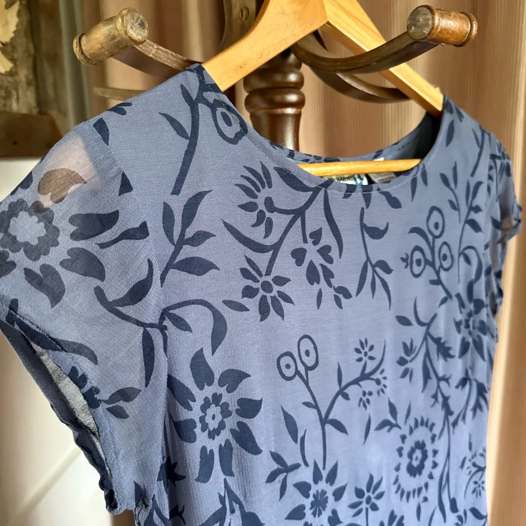 Vintage 90s Blue Floral Cap Sleeve Chiffon Midi Dress - Image 2