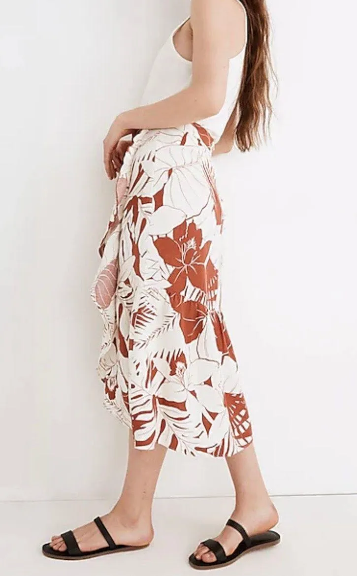 Rust & White Tropical Print Ruffle Linen Blend Midi Skirt - Image 11