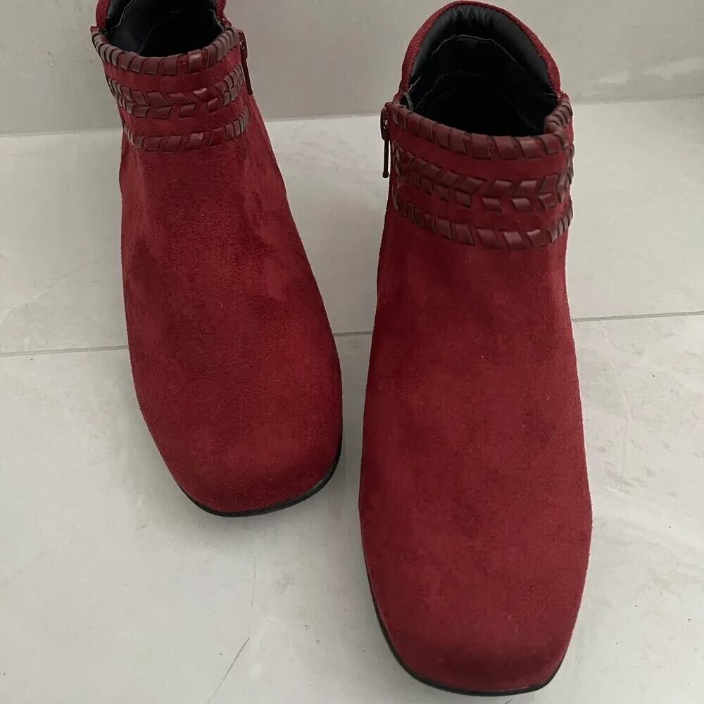 Boho Chic Wine Red Suede Boots - Western Style Woven Detail Ankle Booties 7.5 - Image 4