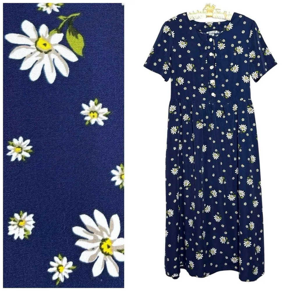 Vintage Dress M Daisy Ditsy‎ Floral Midi Tie Back Shirt Dress Pockets Modest - Image 2