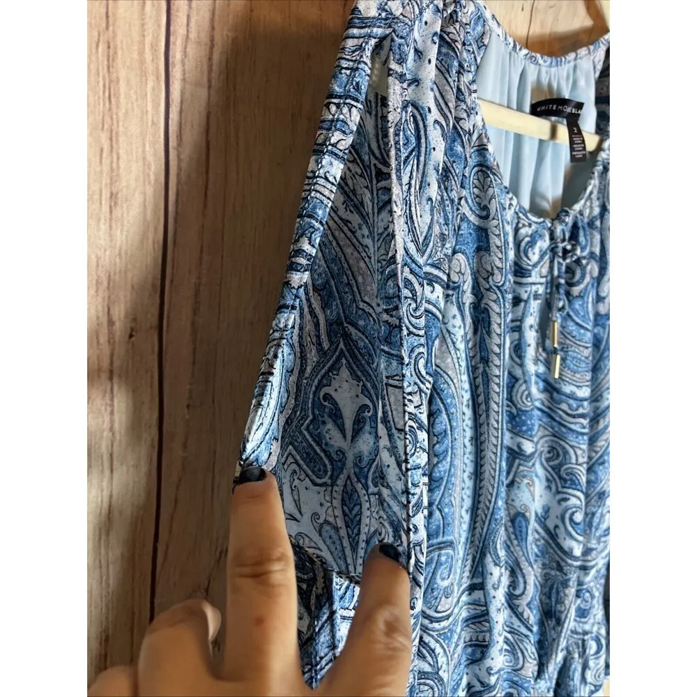 White House Black Market Women Blue Casual Dress SZ 2 Split Sleeve Smocked Waist - Image 5