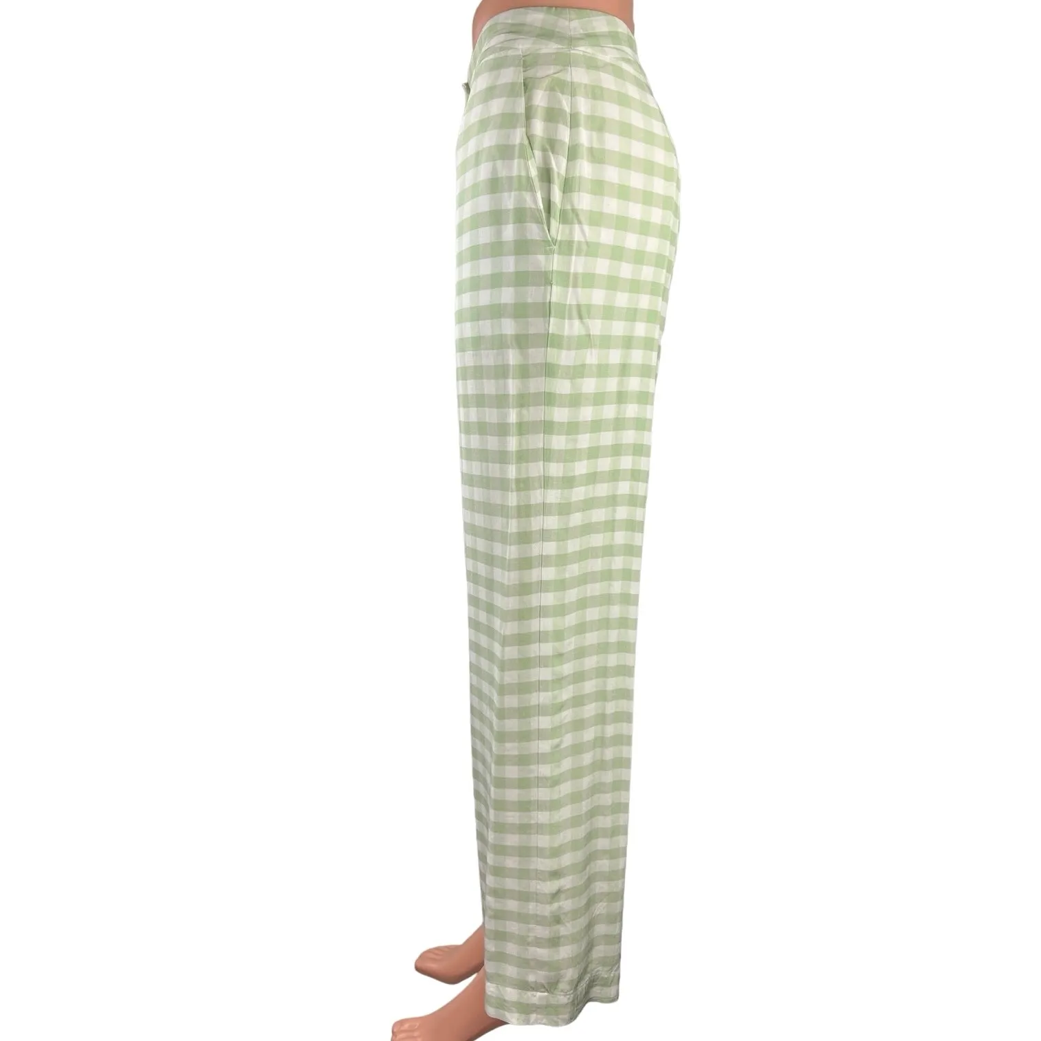 Staud Women's White/Green Gingham High Rise Stretch Wide Leg Trouser Pants Sz XS - Image 2
