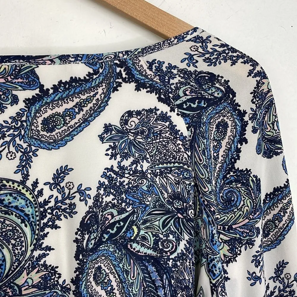 DR2 Shift Dress Paisley Print front tussles split sleeves size Medium Blue - Image 13