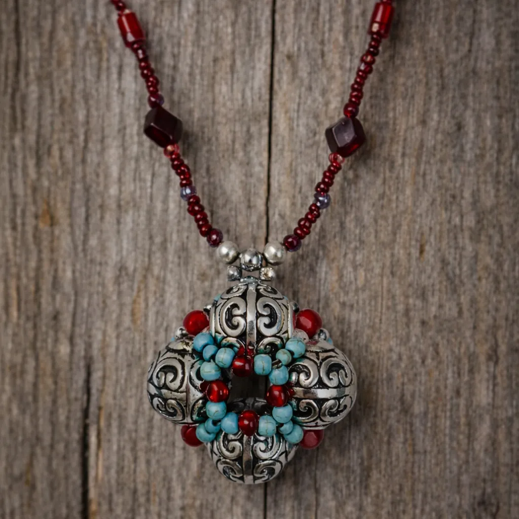 Vintage Southwest Red Bead Necklace w/ Turquoise & Ornate Silver Pendant - Image 2