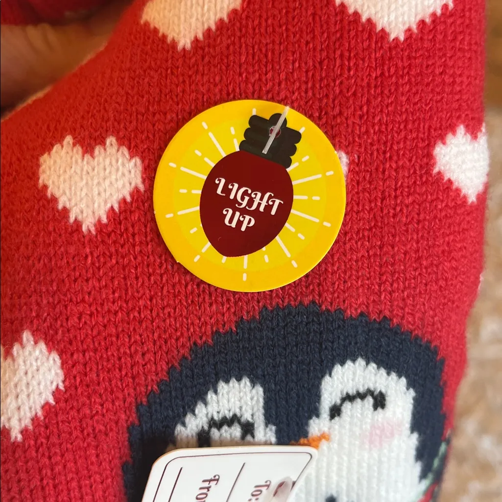 Mistle Toes Christmas socks Sherpa Lined Red Hearts Penguin One sock lights up - Image 3