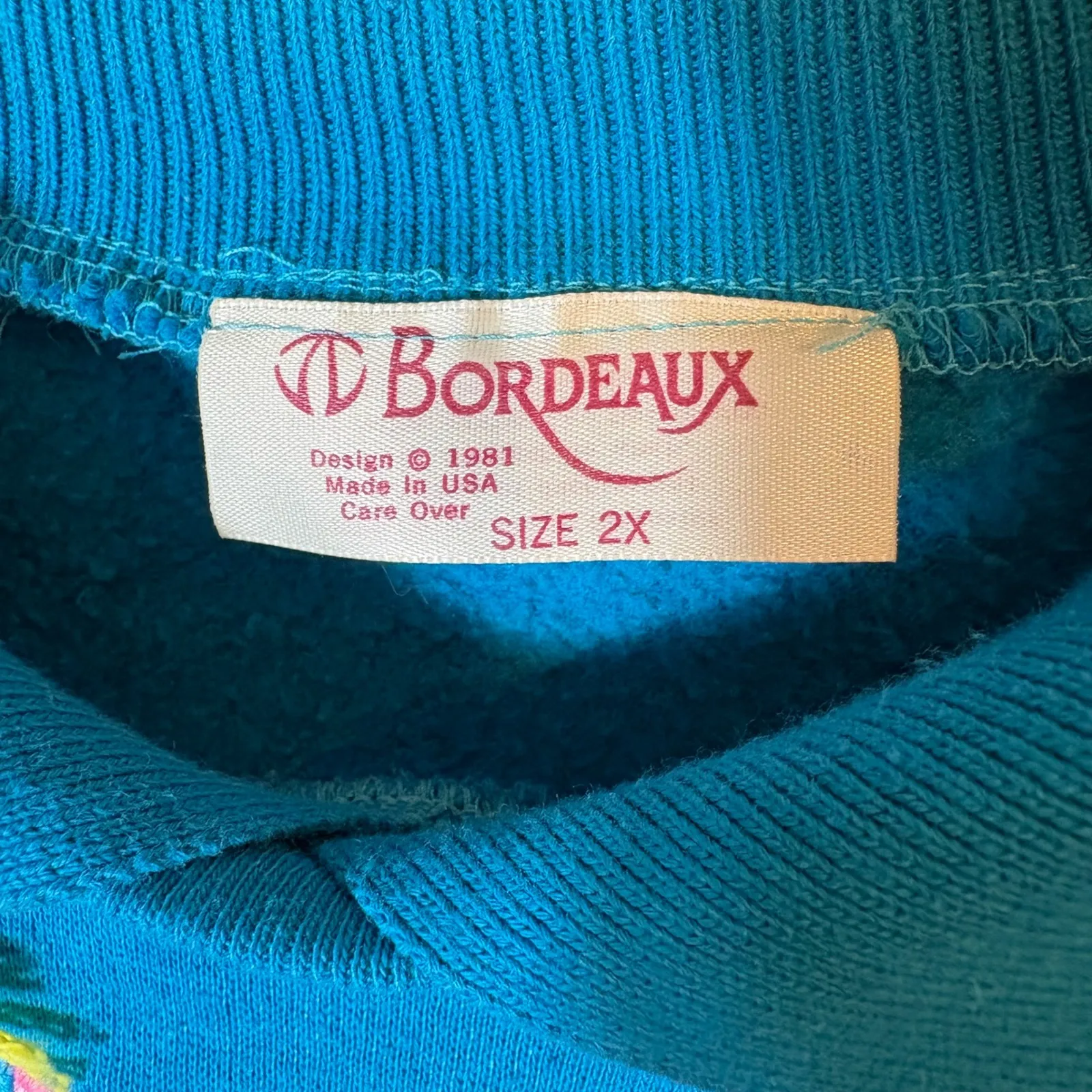 Vintage 1981 Bordeaux‎ Elephant Appliqué Sweatshirt Teal Blue 2X Pom Pom Sweater - Image 2