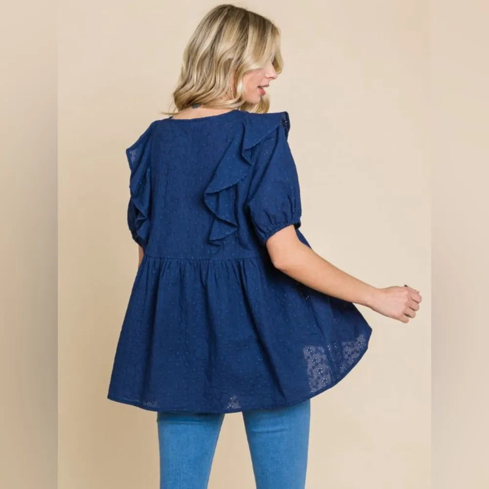 Cotton Eyelet Lace Ruffle Detailed Top Blue Size undefined - Image 4