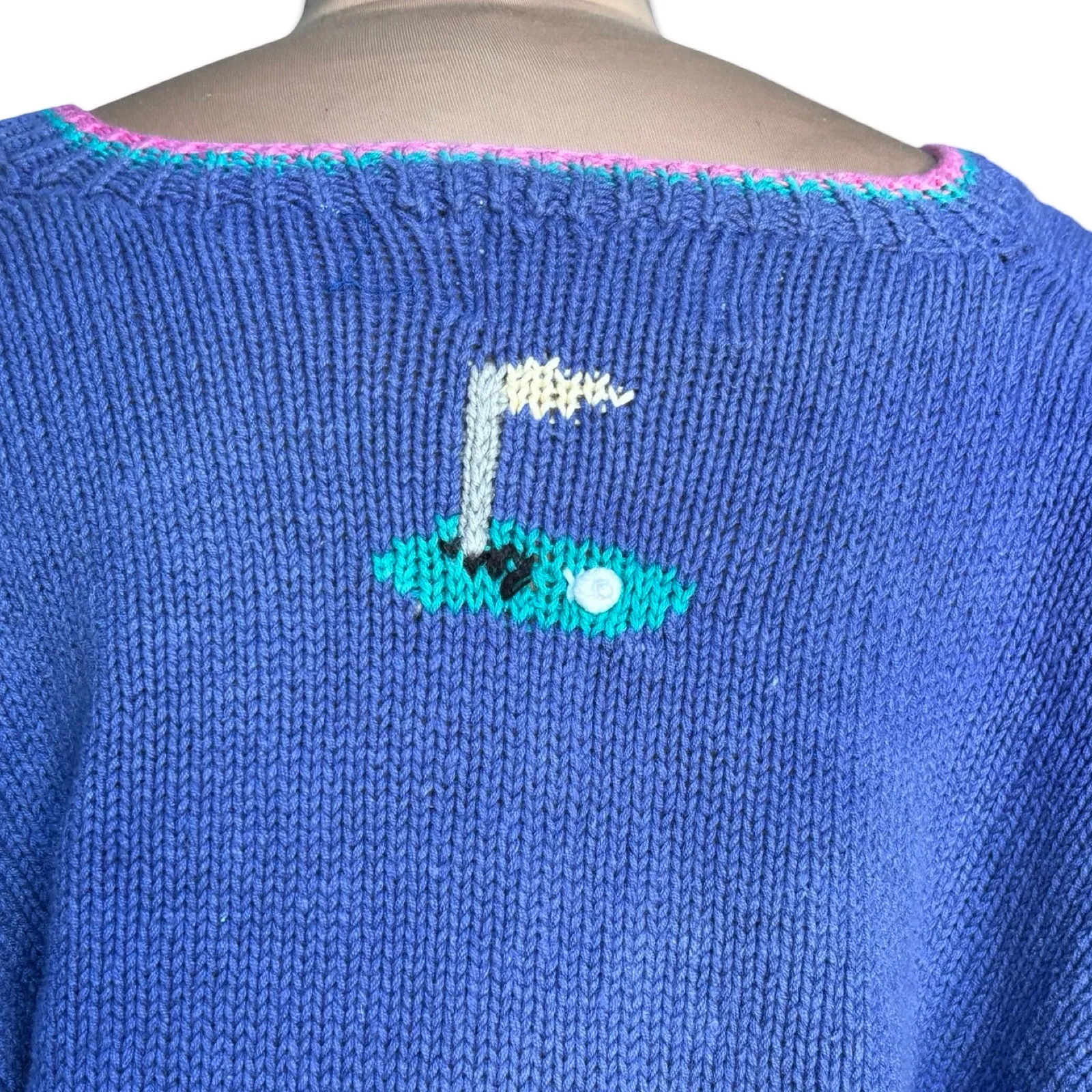 Vintage Portraits By Northern Isles Golf Cardigan Hand Knit Novelty Sweater 3X Blue - Image 9