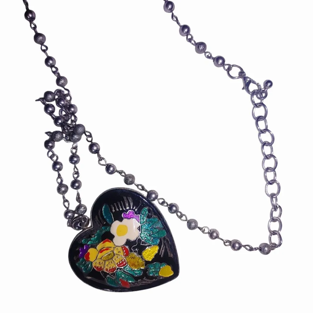 Floral Cloisonné Heart Shaped Pendant Necklace Vintage Silver Tone Adjustable - Image 7