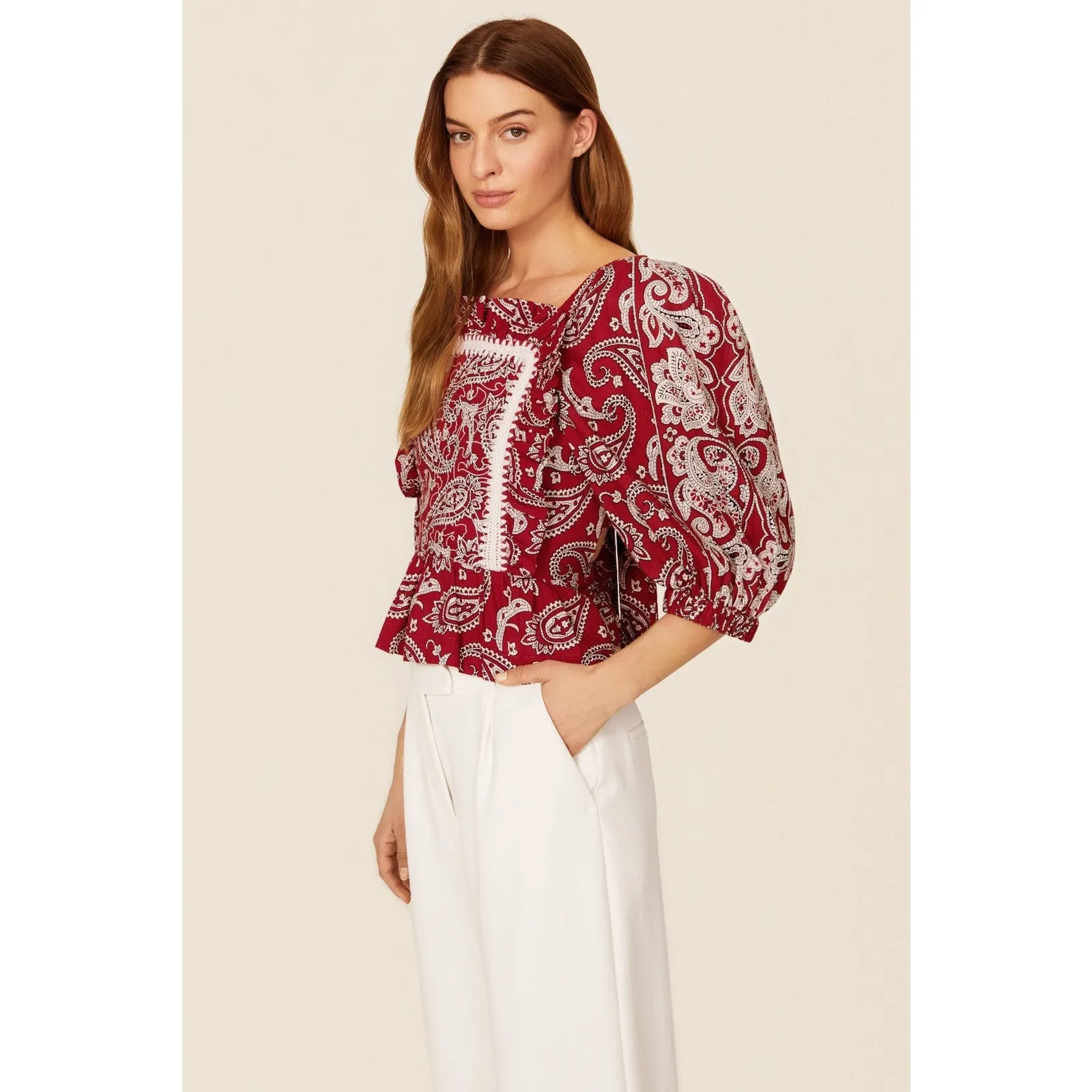 Sea New York Theodora Red Paisley Print Puff Sleeve Square Neck Crochet Trim Top - Image 2