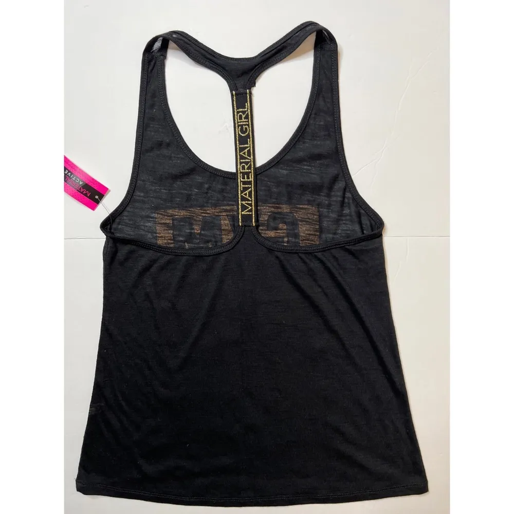 Material Girl Gym N’ Juice Black/Gold Graphic Active Racerback Tank Top … - Image 3