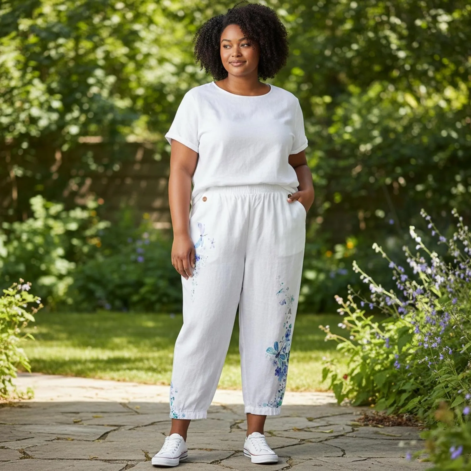 Noracora Women's 3XL White Casual Elastic Waist Pants Lightweight Beach Floral Size undefined - Image 2