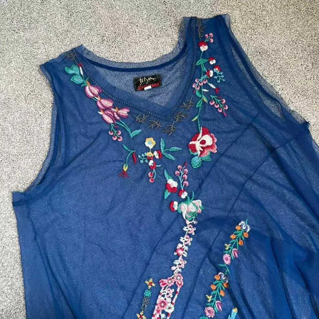 NWOT Johnny Was Biya Mazzy Bias Embroidered Floral Blue Mesh Maxi Dress Sz M - Image 4