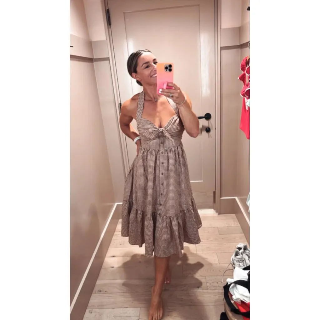 ANTHROPOLOGIE Maeve Halter Bow-Front Midi Dress in Brown Gingham Size X-Small - Image 11