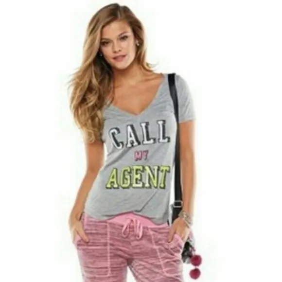 Juicy Couture “Call My Agent” V Neck Tee Sequins Grey V Neck Tee Neon XS Vintage - Image 5