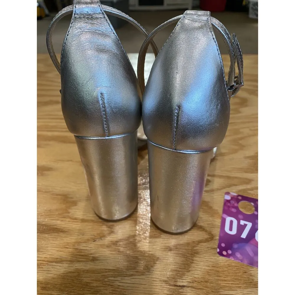 Schutz Women's 11 B Silver Leather Ankle Strap Buckle Open Toe Block Heel - Image 3