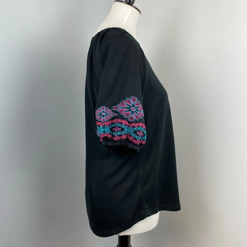 Floral Embroidered Puff Sleeve Blouse Top Telluride Clothing Medium Black - Image 5