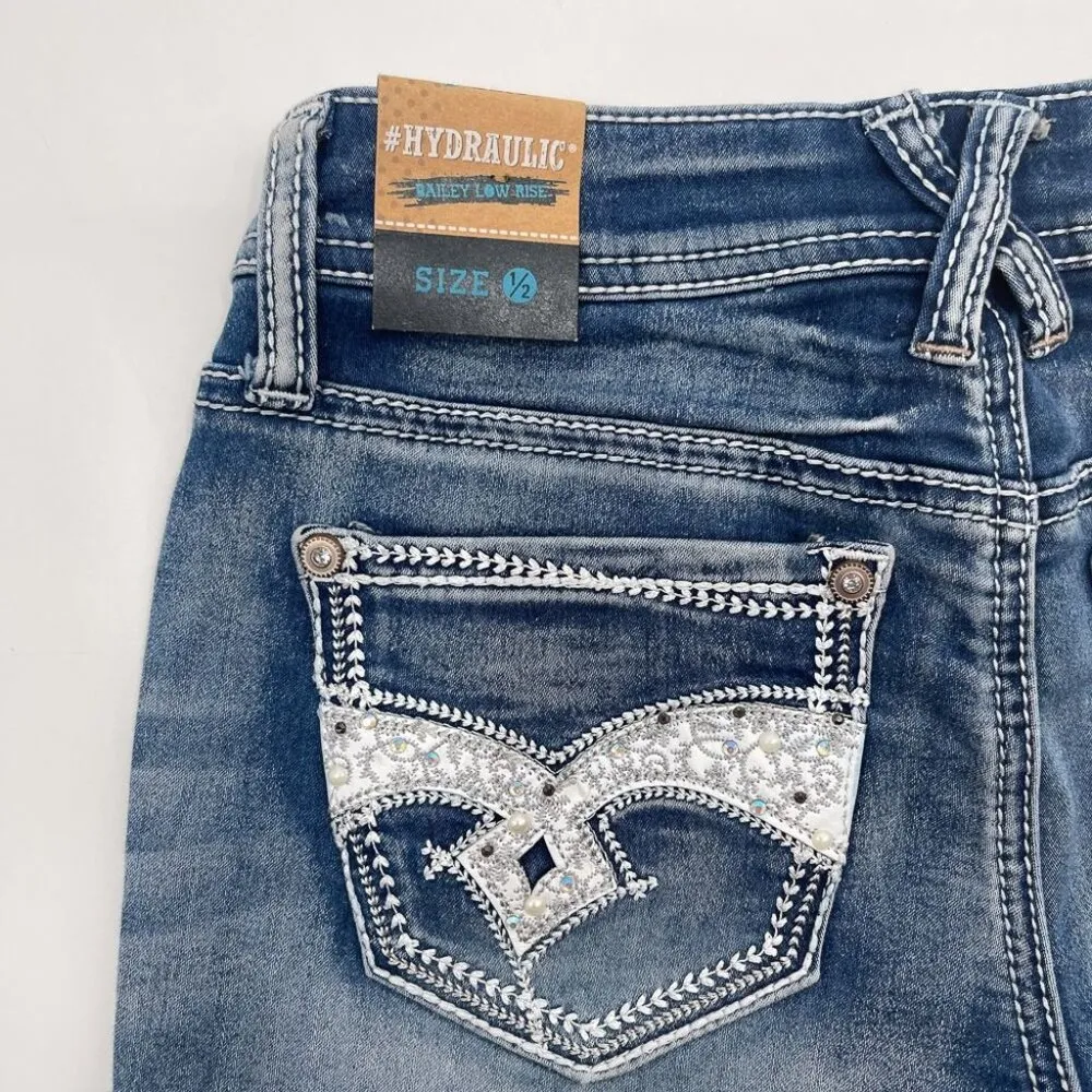 Y2K 2000s Hydraulic Bailey Low Rise Denim Jean Shorts Rhinestones Medium Wash - Image 4