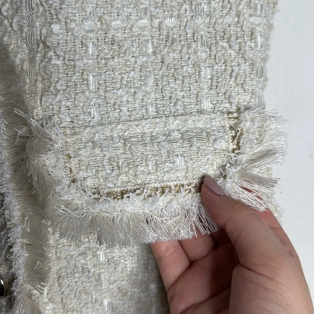 Trixxi Sleeveless Tweed Boucle Button Up Fringed Bodycon Mini Dress cream sz XL - Image 8