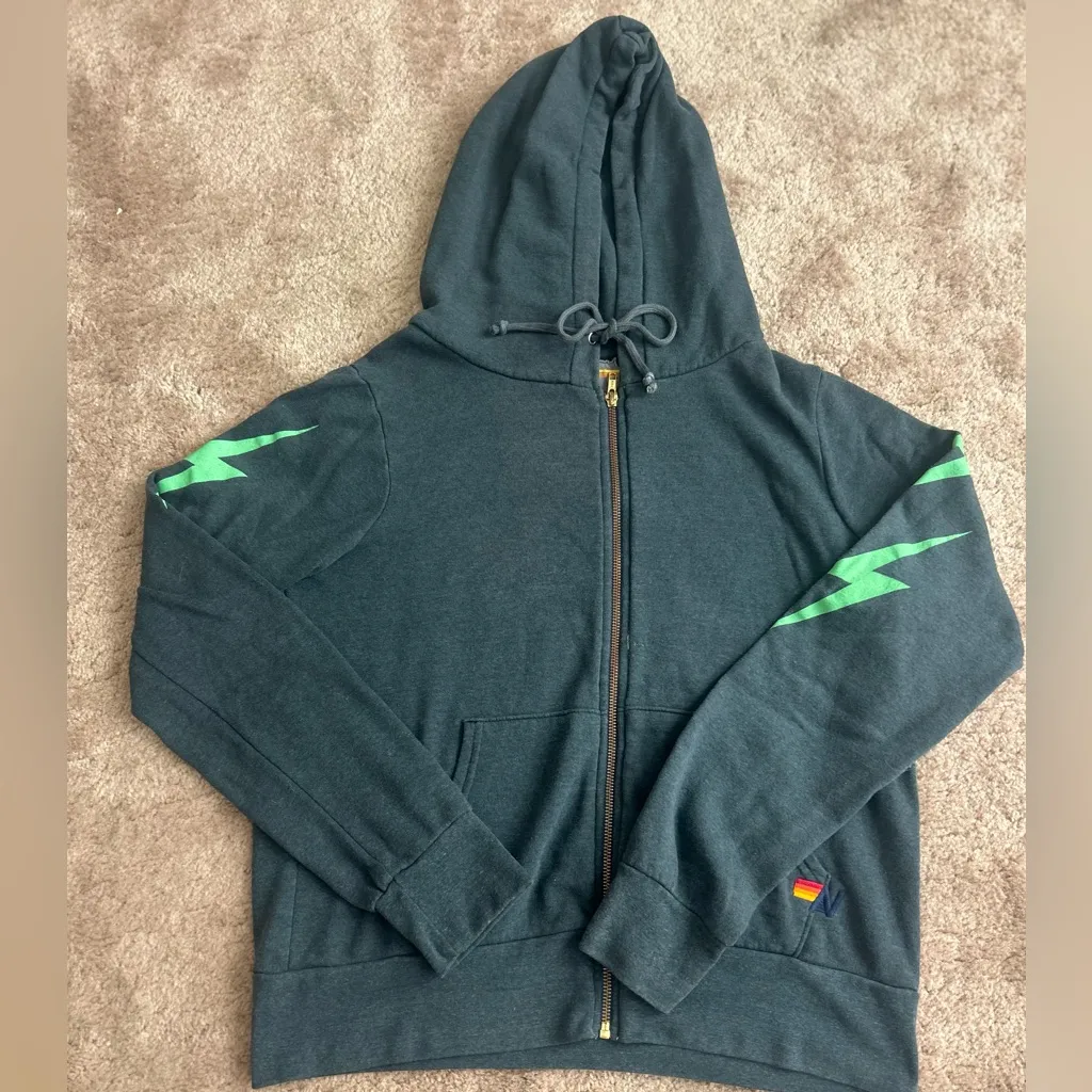 Aviator Nation 4 Bolt Relaxed Hoodie Zip Up in Charcoal Grey and Mint - Image 4