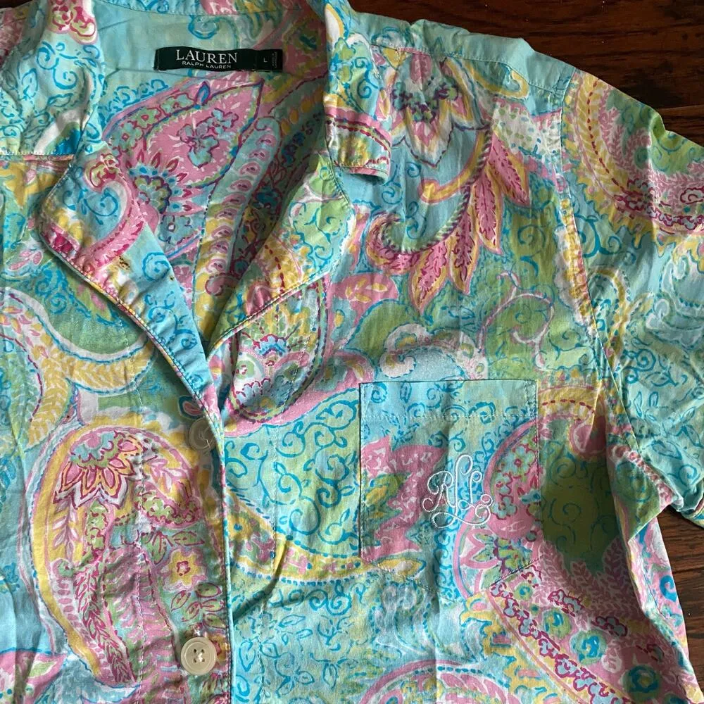 Lauren Ralph Lauren Paisley Print Button down short sleeve Pajama Top Large Blue - Image 7