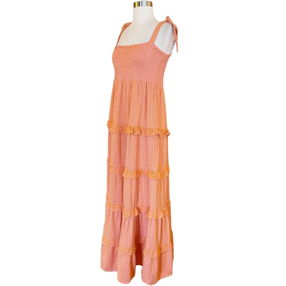CECILIE COPENHAGEN Mina Dress Long Tiered Maxi Embroidered Tangerine Large NWT Orange - Image 2