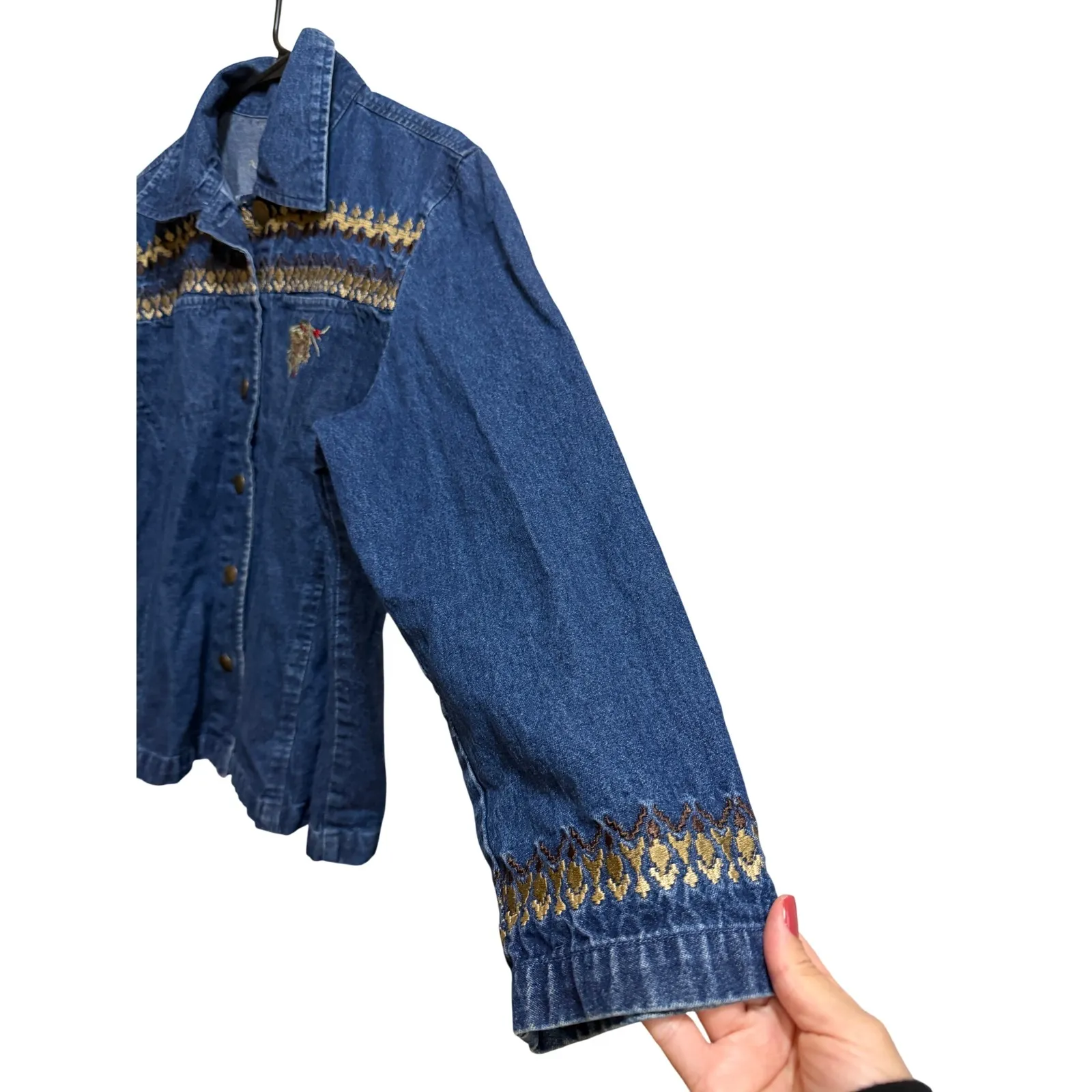 North Crest Womens Denim Jacket Blue Embroidered Pinecone Red Berries XL - Image 3