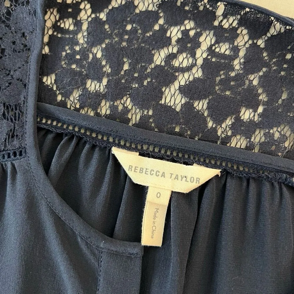 Rebecca Taylor Navy Sarah Tie-Cuff Lace-Trim Silk Crew Neck Long Sleeve Top Sz 0 - Image 9