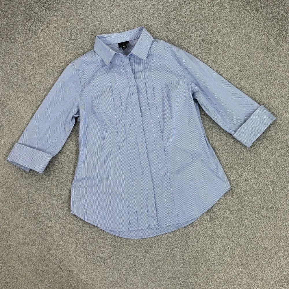 Worthington Petite Striped Faux Pleat Button Front Shirt‎ Blue White Small - Image 12