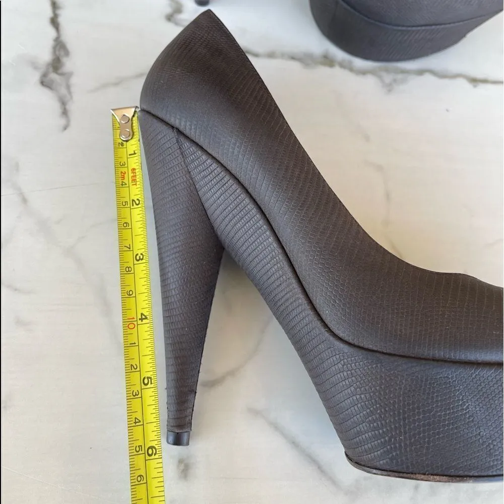 Saint Laurent Brown Ysl Aliama Lizard Embossed Suede Heels Pumps Size 39… Brown - Image 11