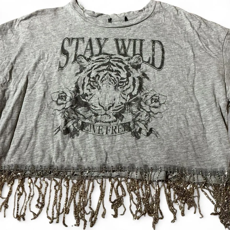 Womens Gray Graphic Crop T Shirt Tiger Roses Stay Wild Live Free Fringe Grunge - Image 4