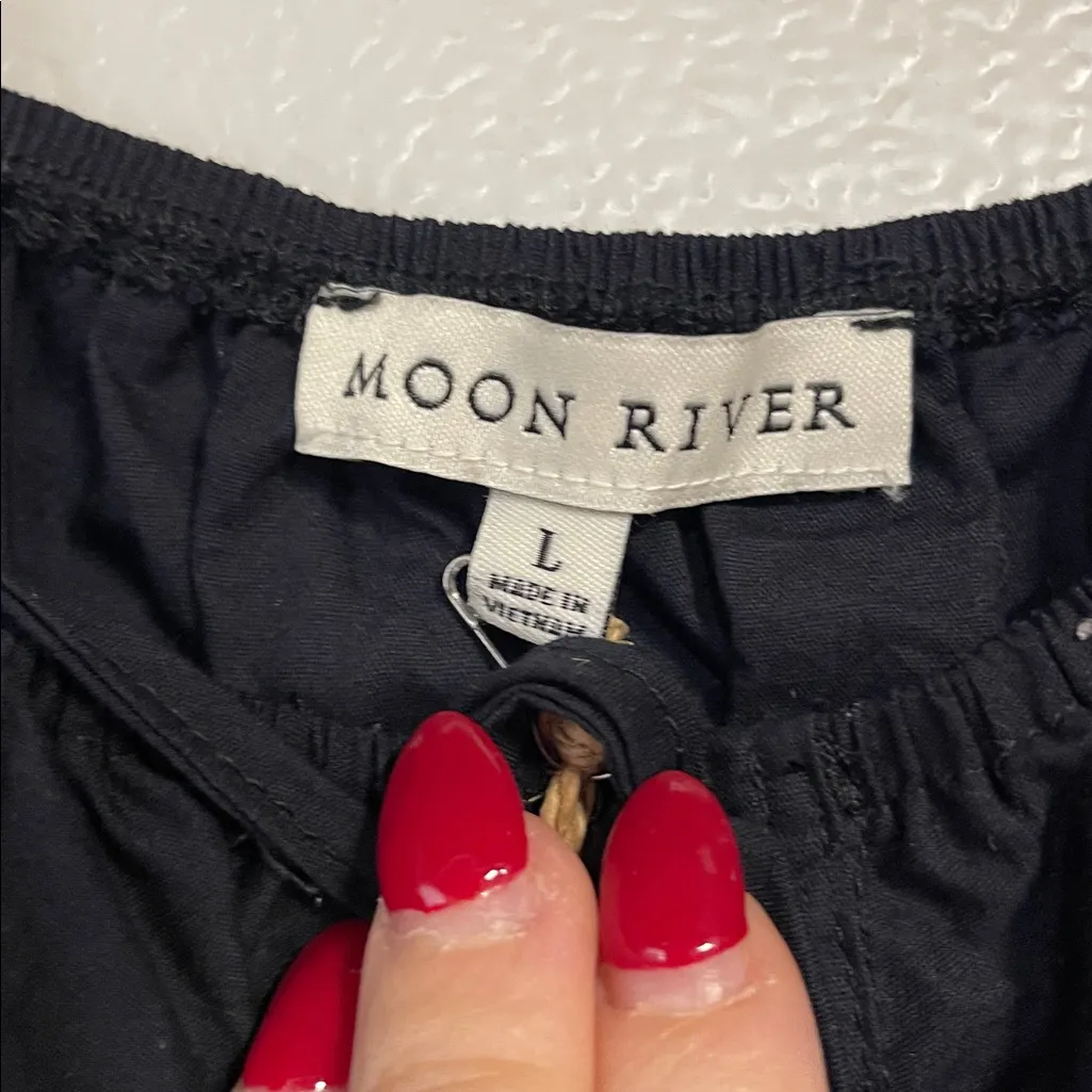 MOON RIVER WOMENS TIE DETAIL PEPLUM TOP BLOUSE LARGE NEW TAGS STRETCHY BLACK - Image 4