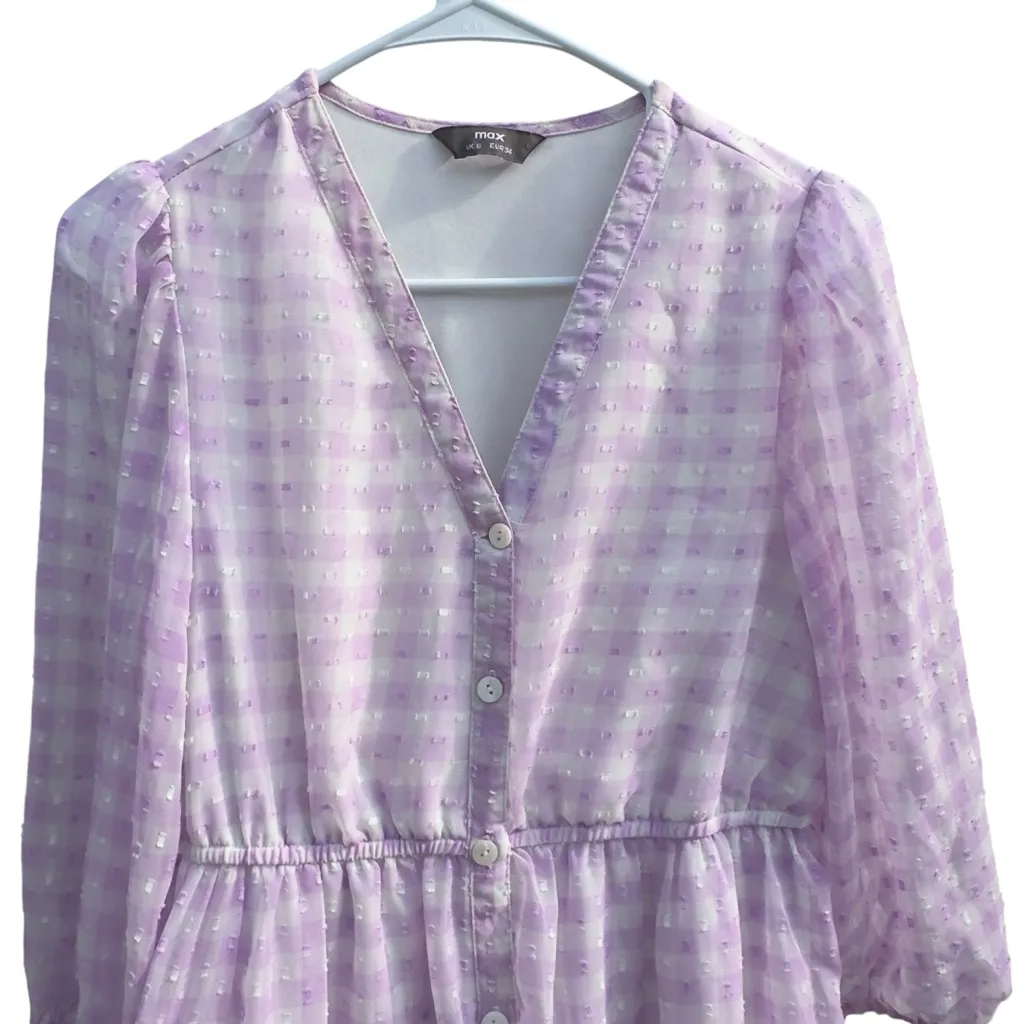 Max Lavender Gingham Sheer Midi Dress Balloon Sleeve Lined Button Front US‎ 4 Purple - Image 11