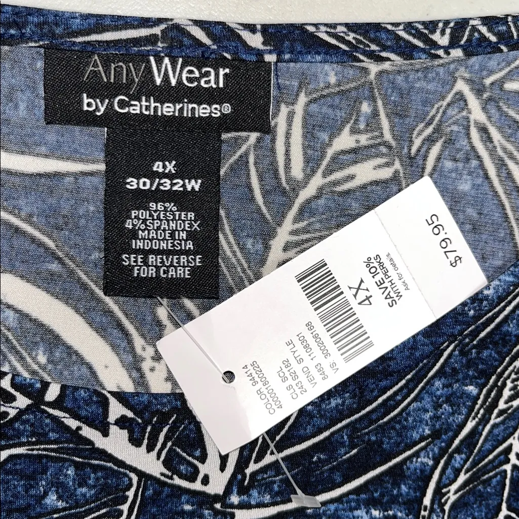 AnyWear by Catherines NWT 4X 30/32W Blue & White Leaf Print High - Image 5