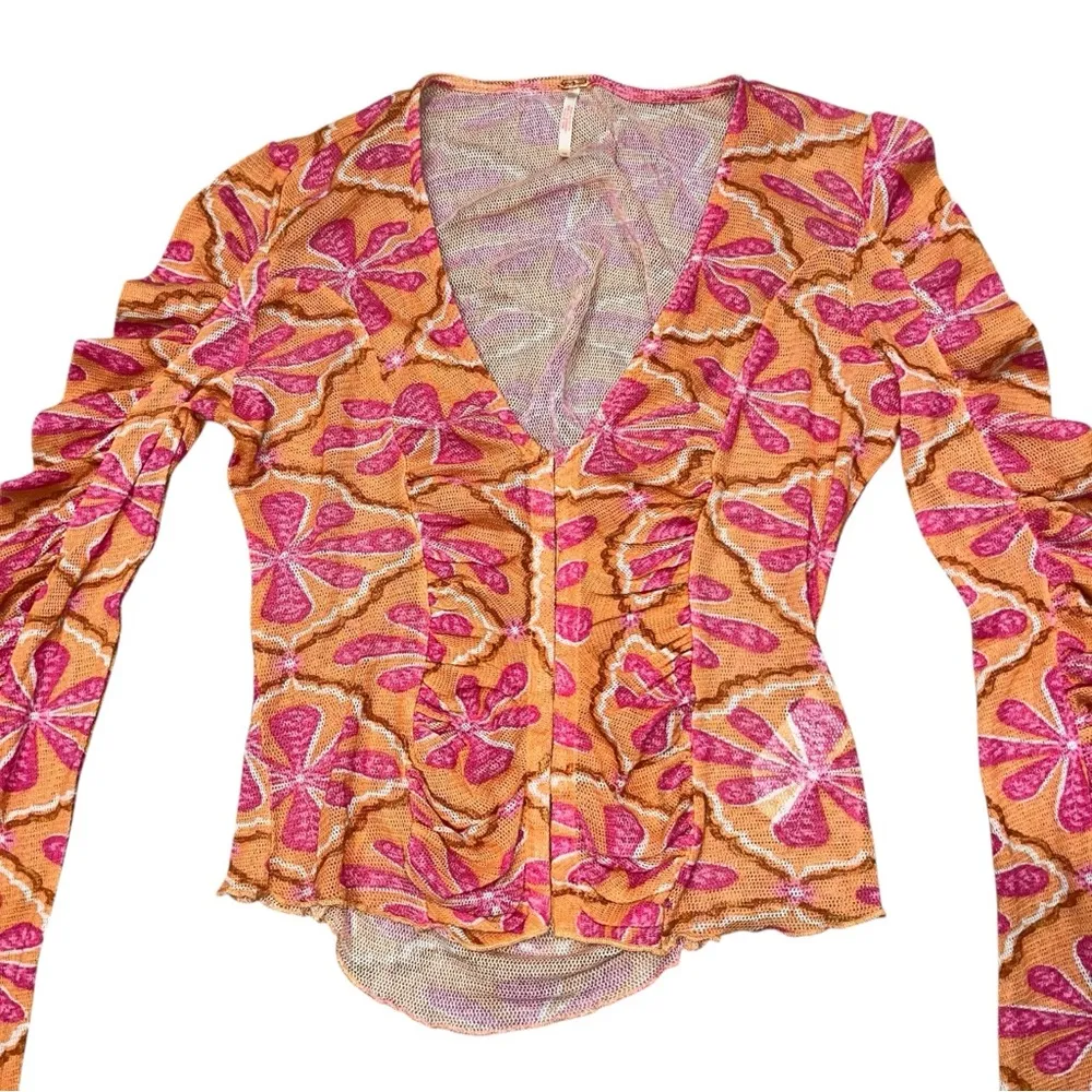 Free People Through The Meadow Ruched Mesh Orange & Pink Floral Long Sleeve Top - Image 7