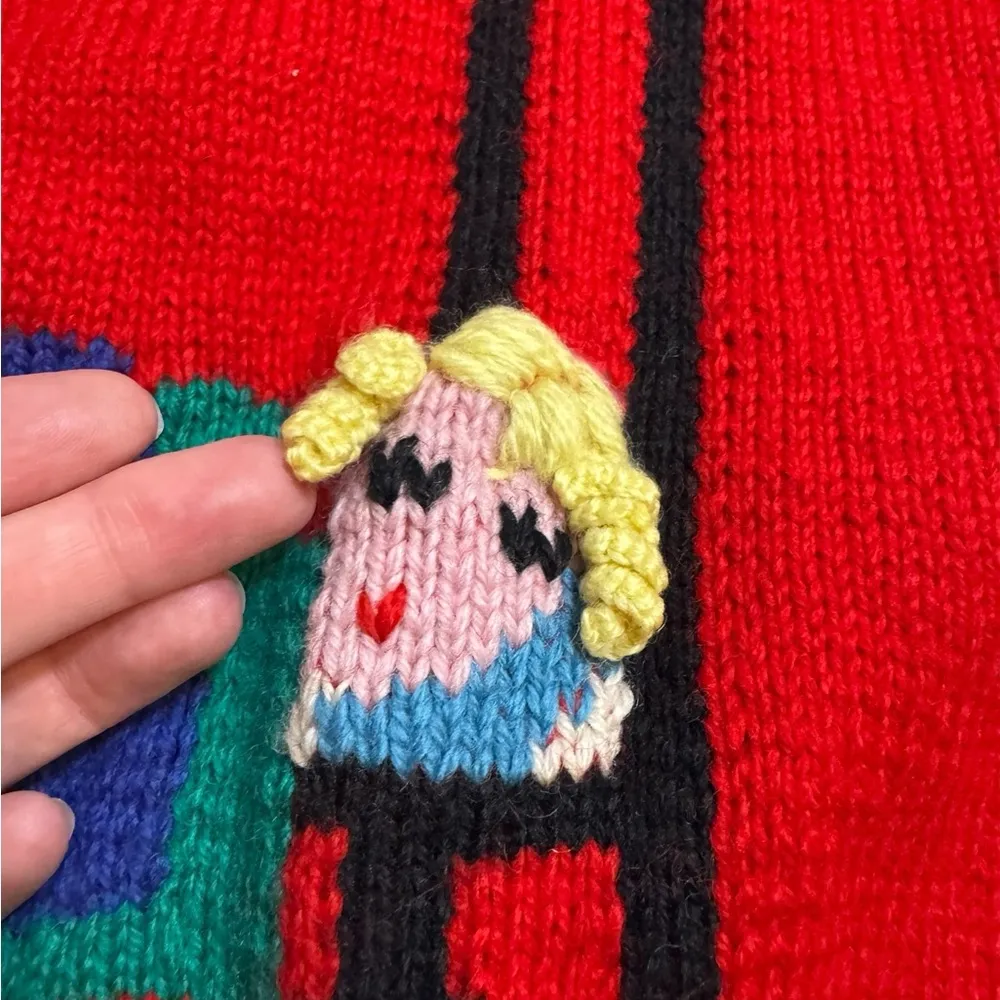 Vintage Berek Sweater Goldilocks 3 Bears Wearable Art Red Wool Hand Knit Size L - Image 4