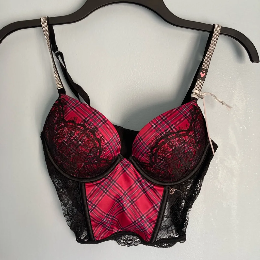 Victoria’s Secret Bombshell Corset Top 32B Sparkle Strap Red and Black P… - Image 4