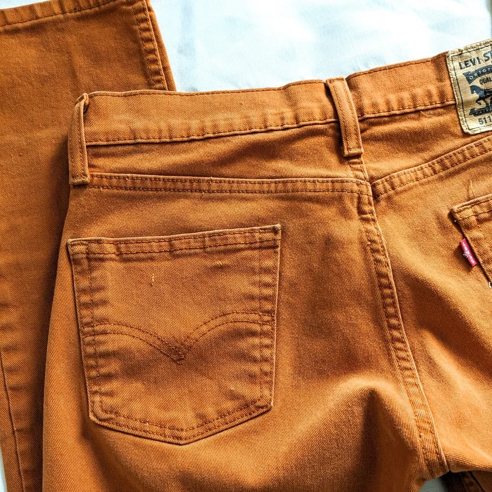 Levi's Vintage 90's Rust Burnt Orange 511 Slim Fit Jeans W30 L32 Mid-Rise - Image 5
