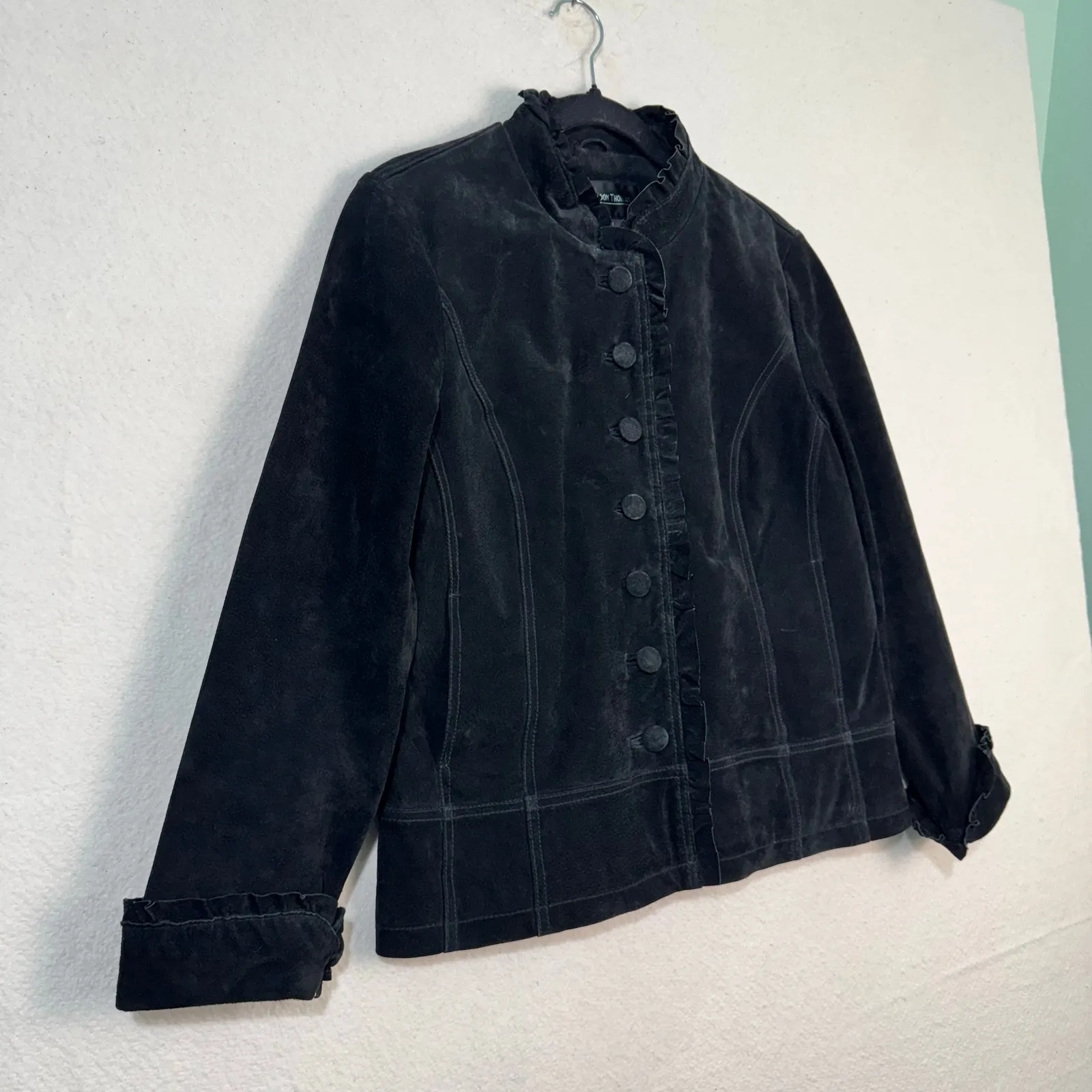 Brandon Thomas VTG Black Suede Leather Jacket Blazer Ruffle - Image 5