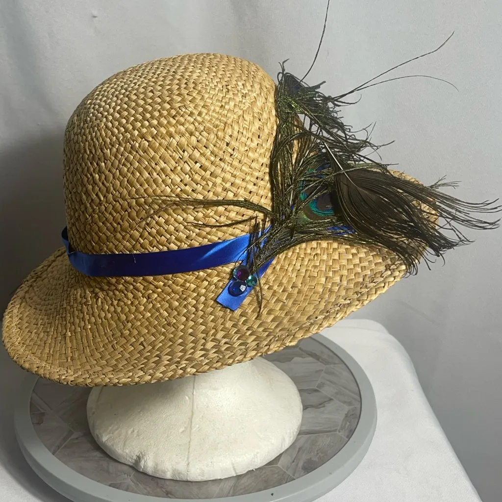 Vintage Straw Hat with Peacock Feather & Blue Ribbon Accent, Wide Brim Boho Tan - Image 3