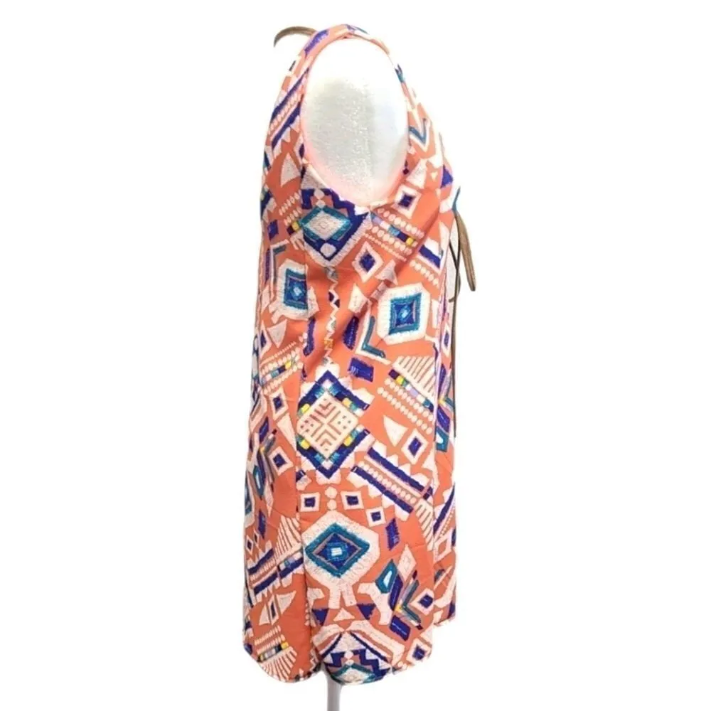 Judith March Tribal Lace up Sleeveless Mini Orange/Blue Size Small‎ - Image 3