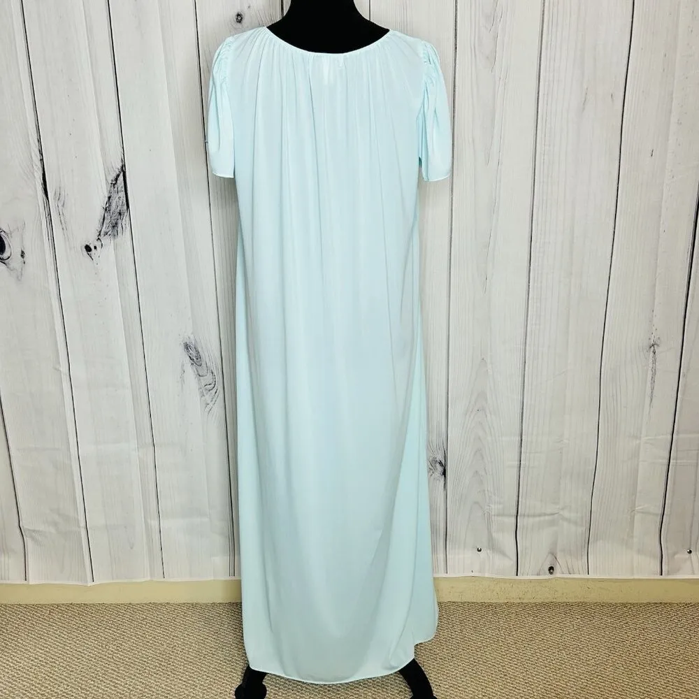 Miss Elaine Classics Sz M Satin Aqua Nightgown Embroidered Neckline Short Sleeve Blue Size M - Image 9